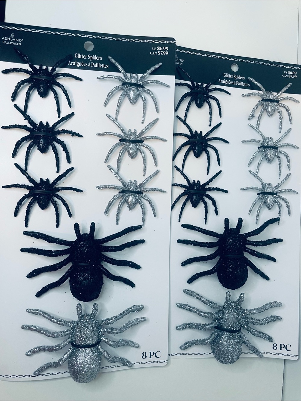 Black and Silver Glitter Spider Halloween Holiday Decorations - 16 Spiders